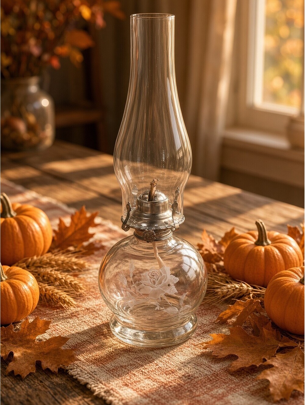 Vintage Frosted Rose Glass Oil Lamp Cottage Decor 16"